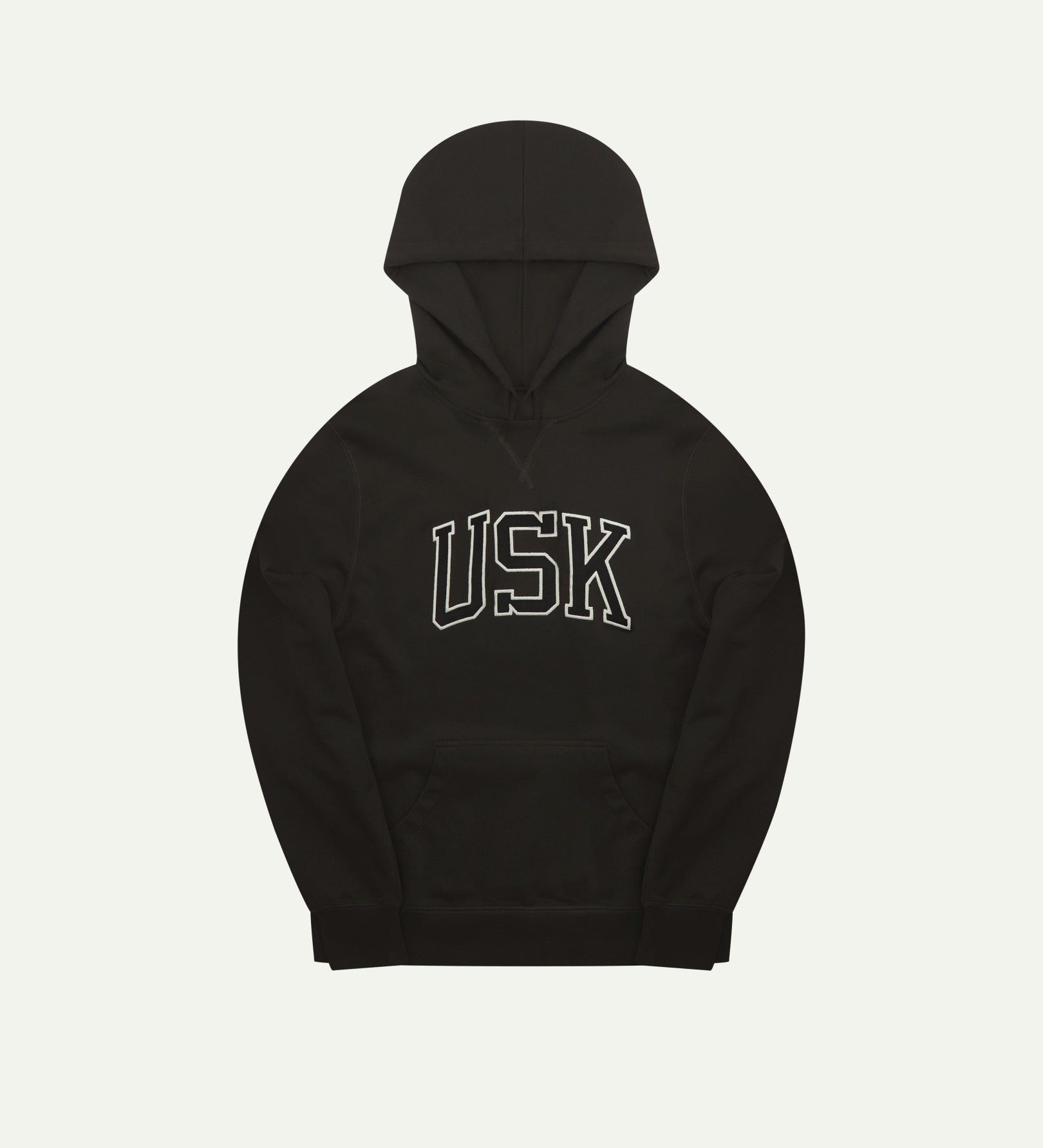 Front flat shot of Uskees signature faded black men's hooded sweatshirt showing the 'USK' logo and hood.