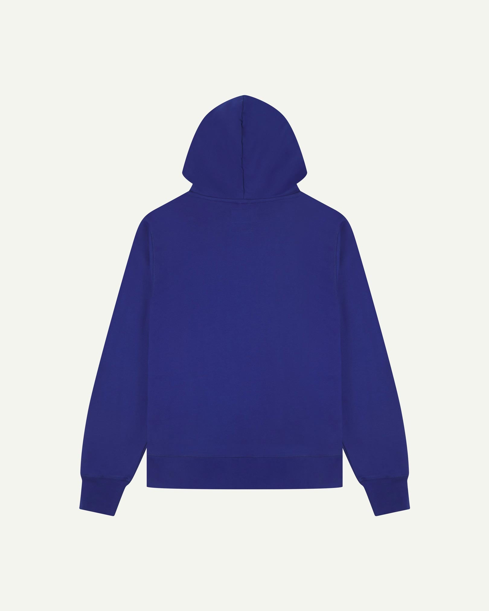 Back view of Uskees 'ultra blue' organic cotton hoodie showing back of hood.