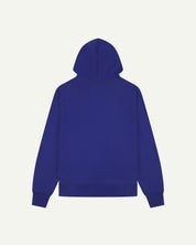 Back view of Uskees 'ultra blue' organic cotton hoodie showing back of hood.