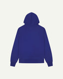 Back view of Uskees 'ultra blue' organic cotton hoodie showing back of hood.