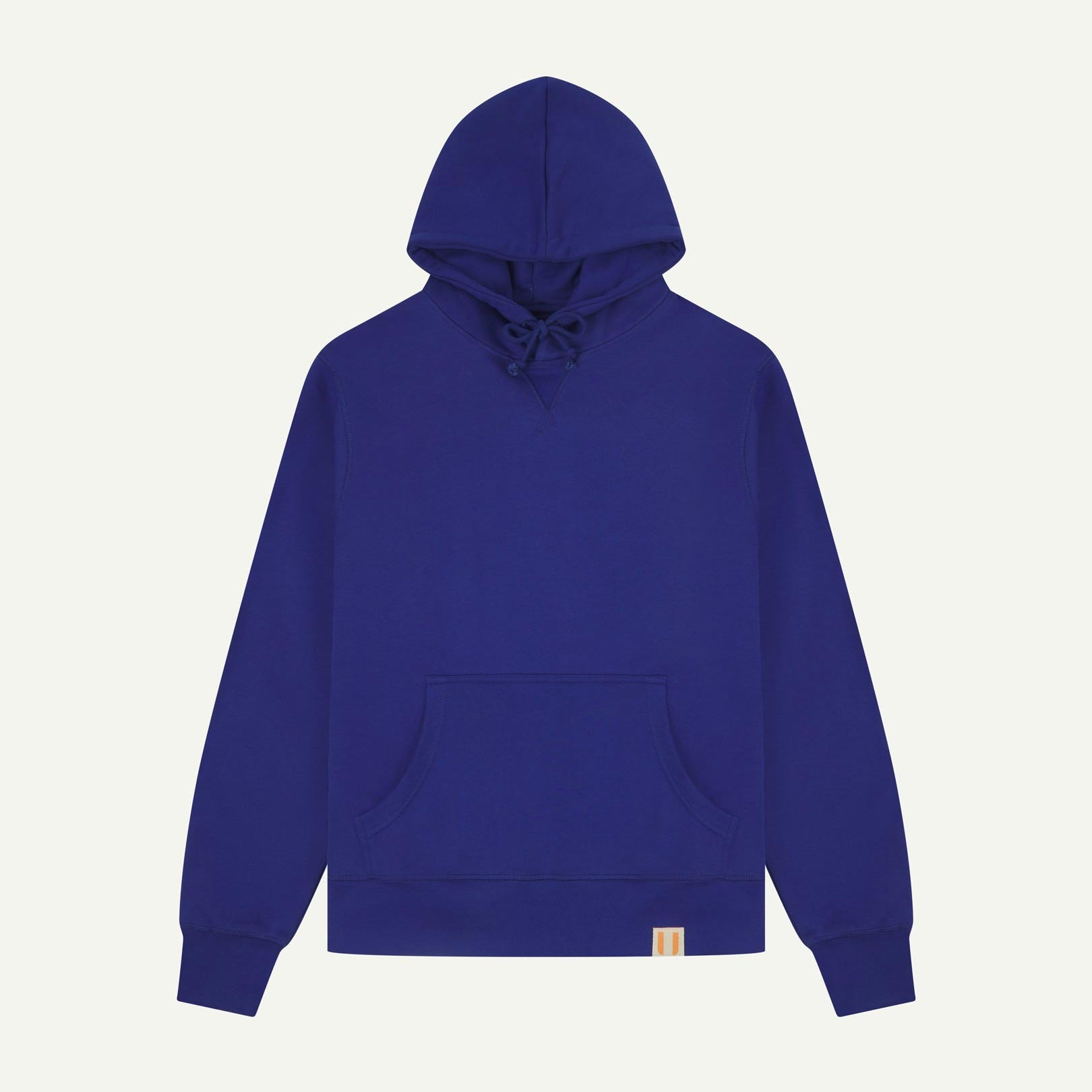 Front flat view of Uskees 'ultra blue' 7004 hoodie sweater showing brand logo and kangaroo front pocket.