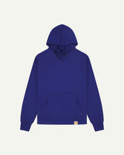 Front flat view of Uskees 'ultra blue' 7004 hoodie sweater showing brand logo and kangaroo front pocket.