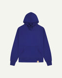 Front flat view of Uskees 'ultra blue' 7004 hoodie sweater showing brand logo and kangaroo front pocket.