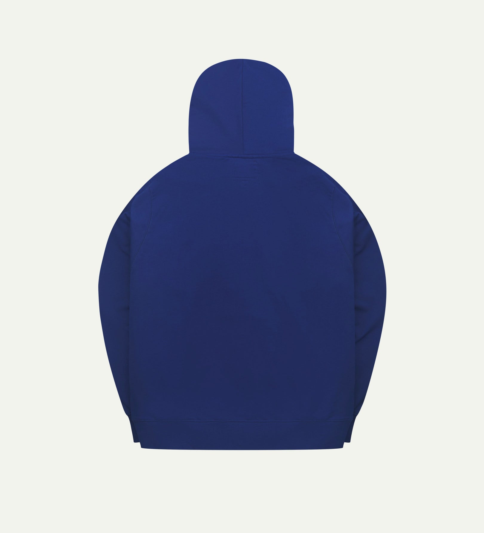 Back view flat shot of Uskees signature ultra blue men's hooded sweatshirt showing the hood.