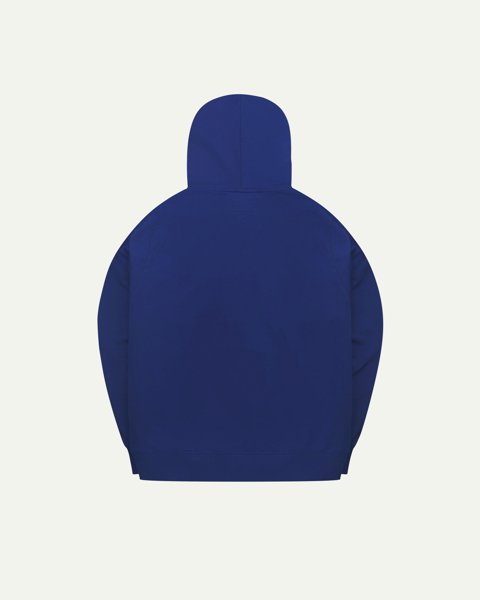 Back view flat shot of Uskees signature ultra blue men's hooded sweatshirt showing the hood.