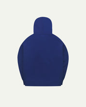 Back view flat shot of Uskees signature ultra blue men's hooded sweatshirt showing the hood.