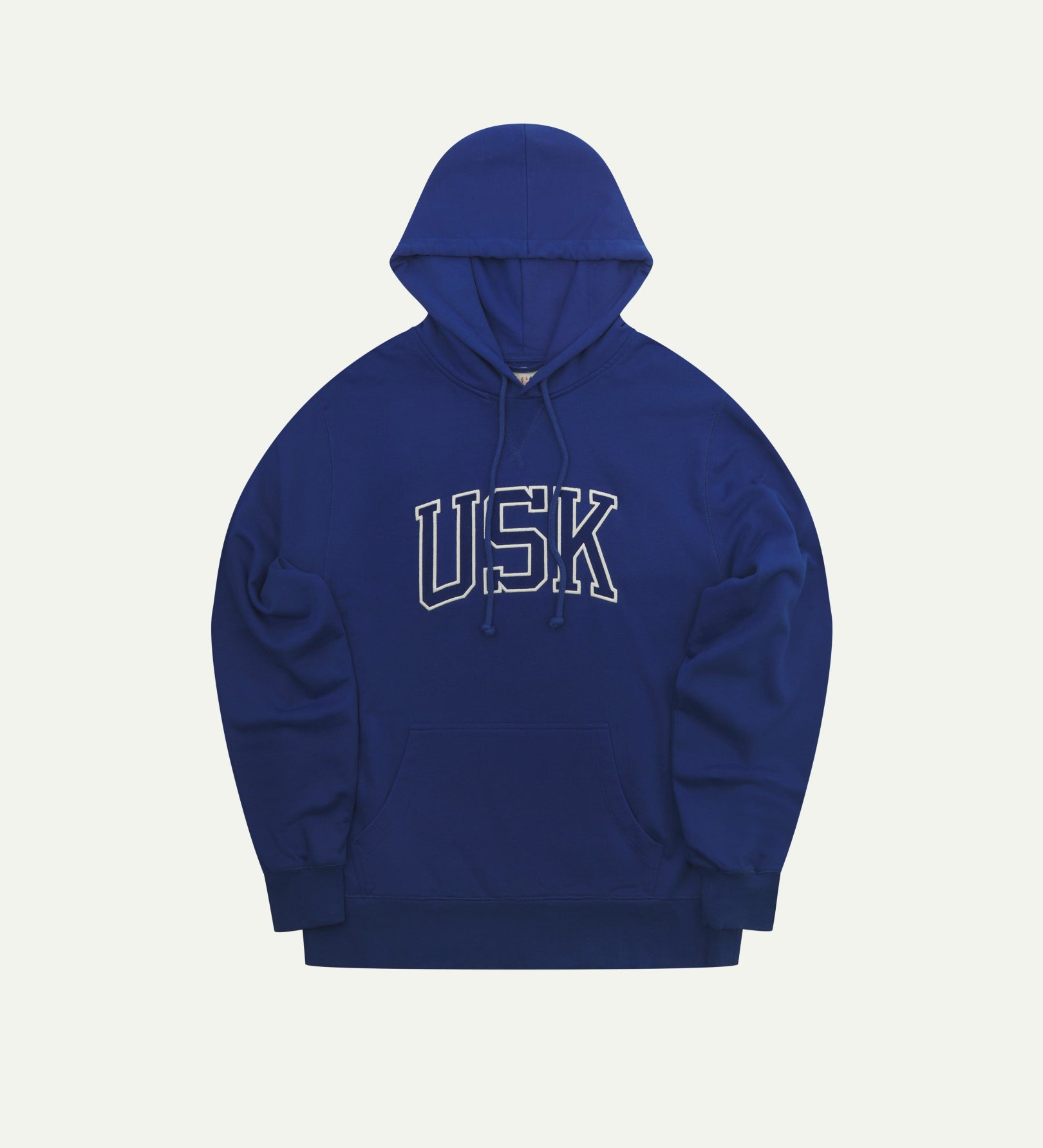 Front flat shot of Uskees signature ultra blue men's hooded sweatshirt showing the 'USK' logo, pouch pocket and drawstring hood.