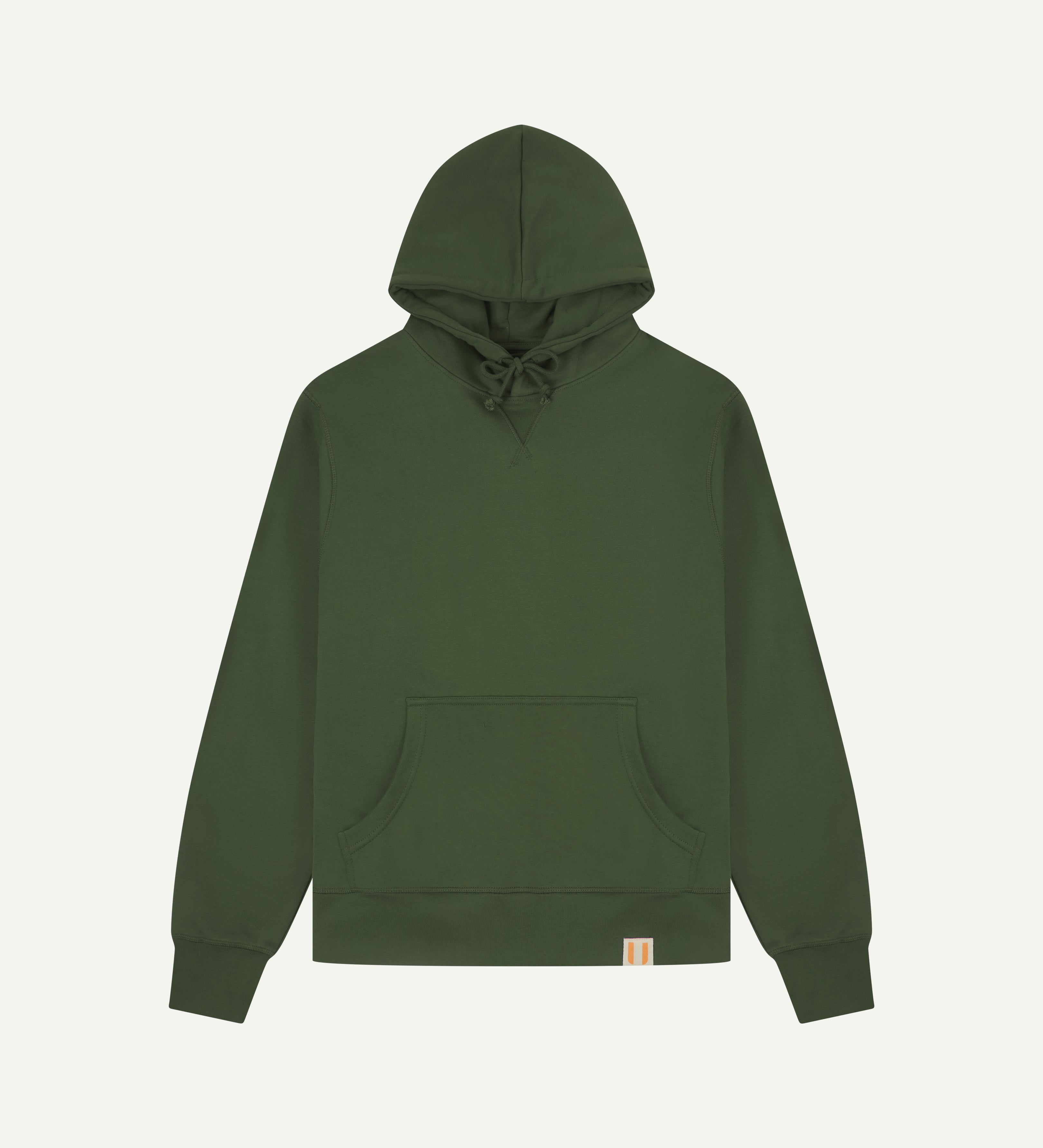 Front flat view of uskees green hoodie for men showing brand logo and kangaroo front pocket