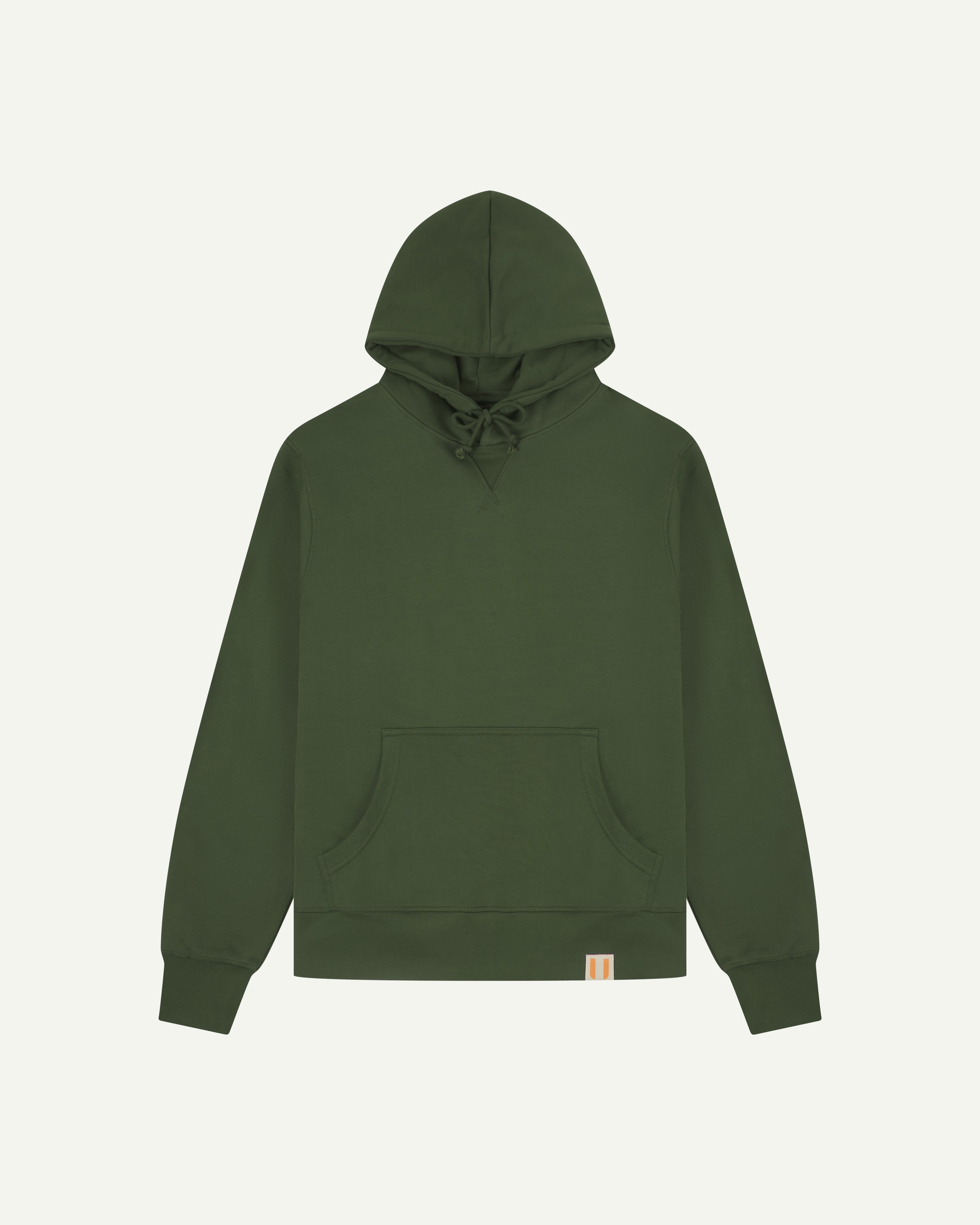 Front flat view of uskees green hoodie for men showing brand logo and kangaroo front pocket