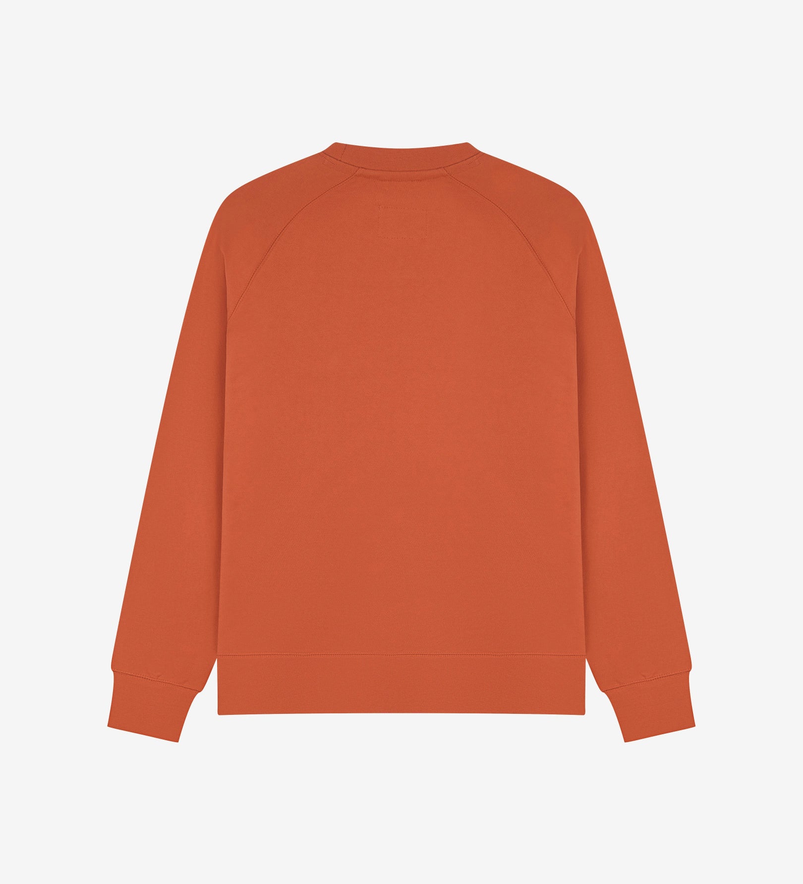 Back view of men's cinnamon-orange organic heavyweight cotton 7005 jersey sweatshirt by Uskees, showing ribbed cuffs and hem.