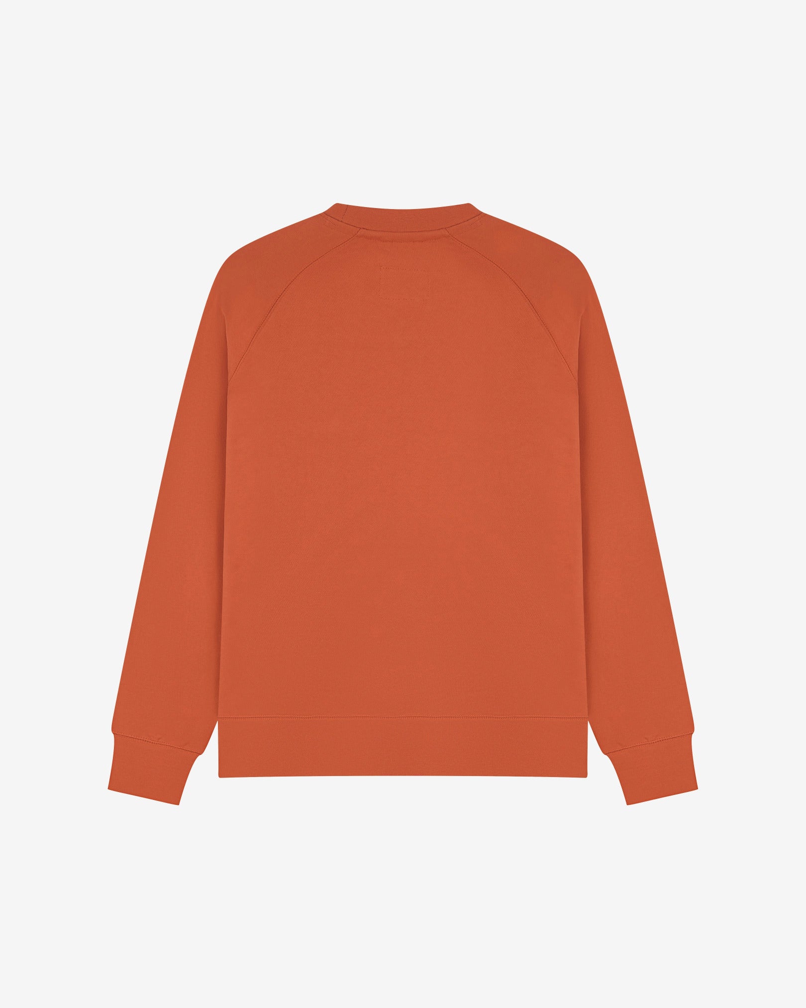 Back view of men's cinnamon-orange organic heavyweight cotton 7005 jersey sweatshirt by Uskees, showing ribbed cuffs and hem.