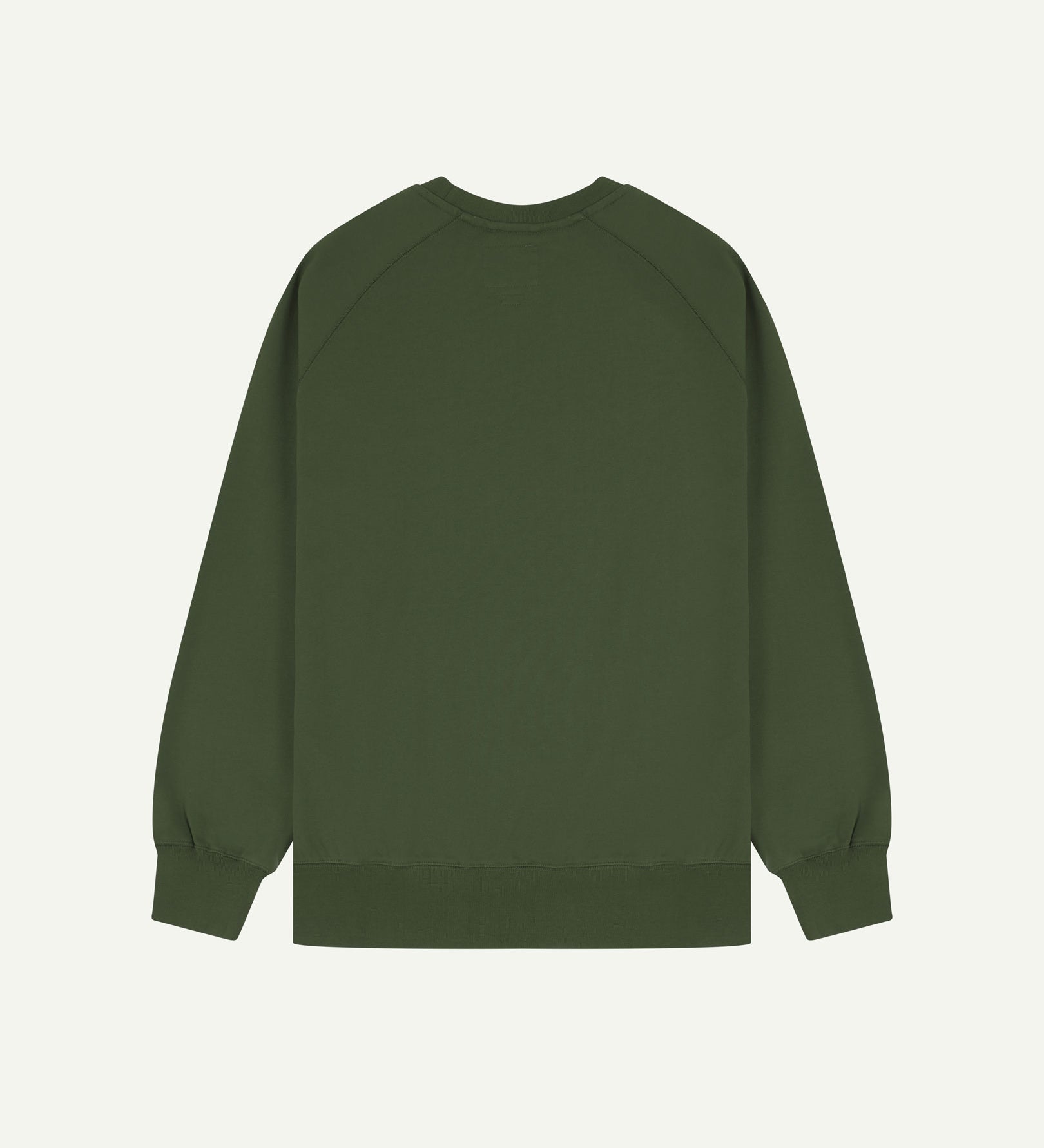Back view of men's coriander-green organic heavyweight cotton 7005 jersey sweatshirt by Uskees, showing ribbed cuffs and hem.