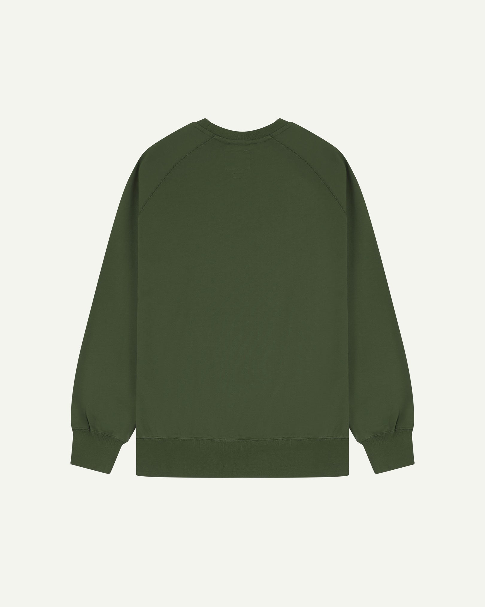 Back view of men's coriander-green organic heavyweight cotton 7005 jersey sweatshirt by Uskees, showing ribbed cuffs and hem.
