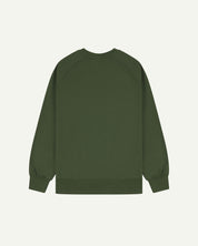 Back view of men's coriander-green organic heavyweight cotton 7005 jersey sweatshirt by Uskees, showing ribbed cuffs and hem.