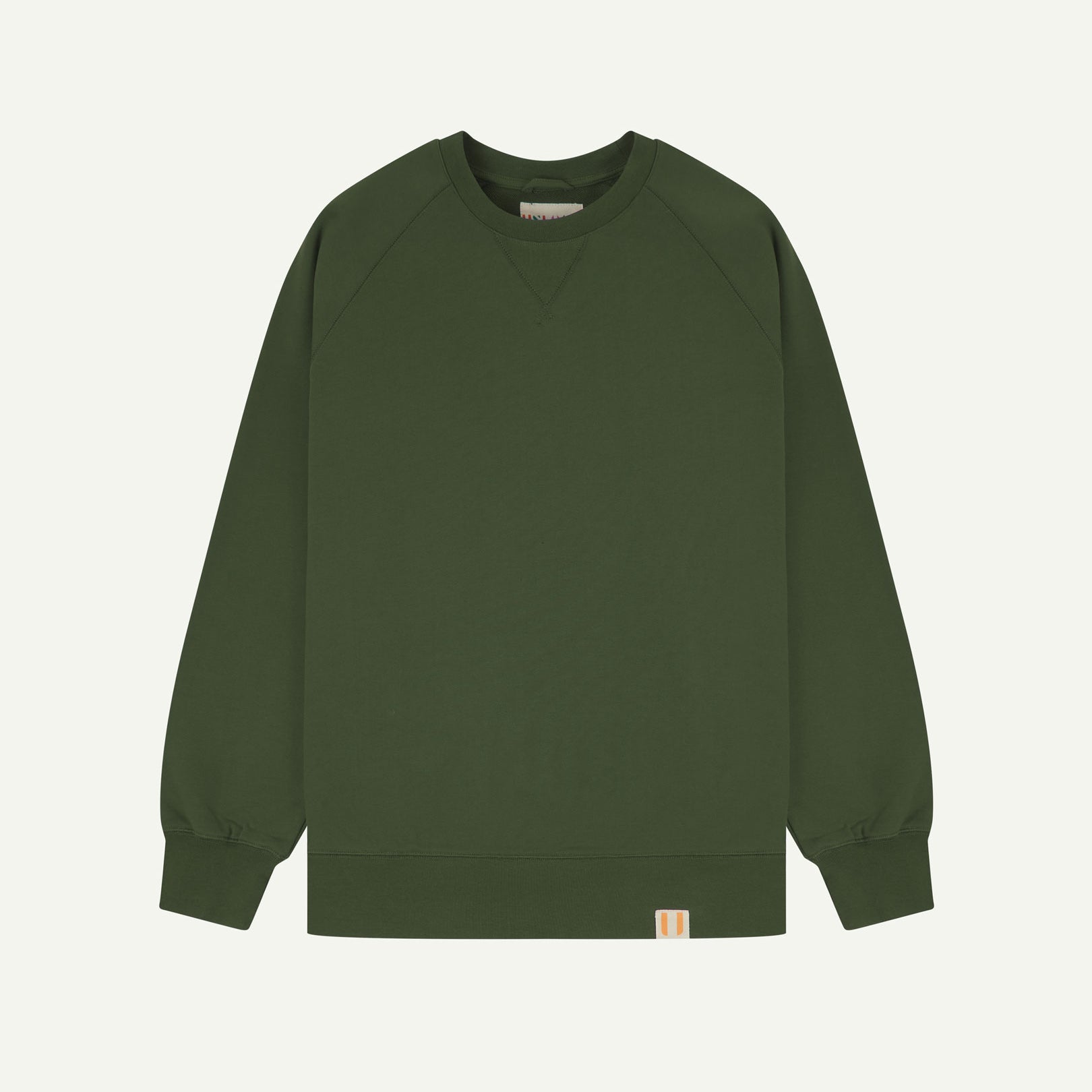 Front view of coriander-green organic heavyweight cotton 7005 sweatshirt by Uskees demonstrating regular, flattering shape.