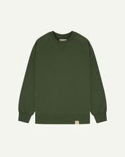 Front view of coriander-green organic heavyweight cotton 7005 sweatshirt by Uskees demonstrating regular, flattering shape.