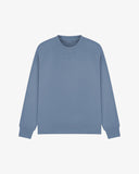 Front view of cornflower blue organic heavyweight cotton 7005 sweatshirt by Uskees demonstrating regular, flattering shape.