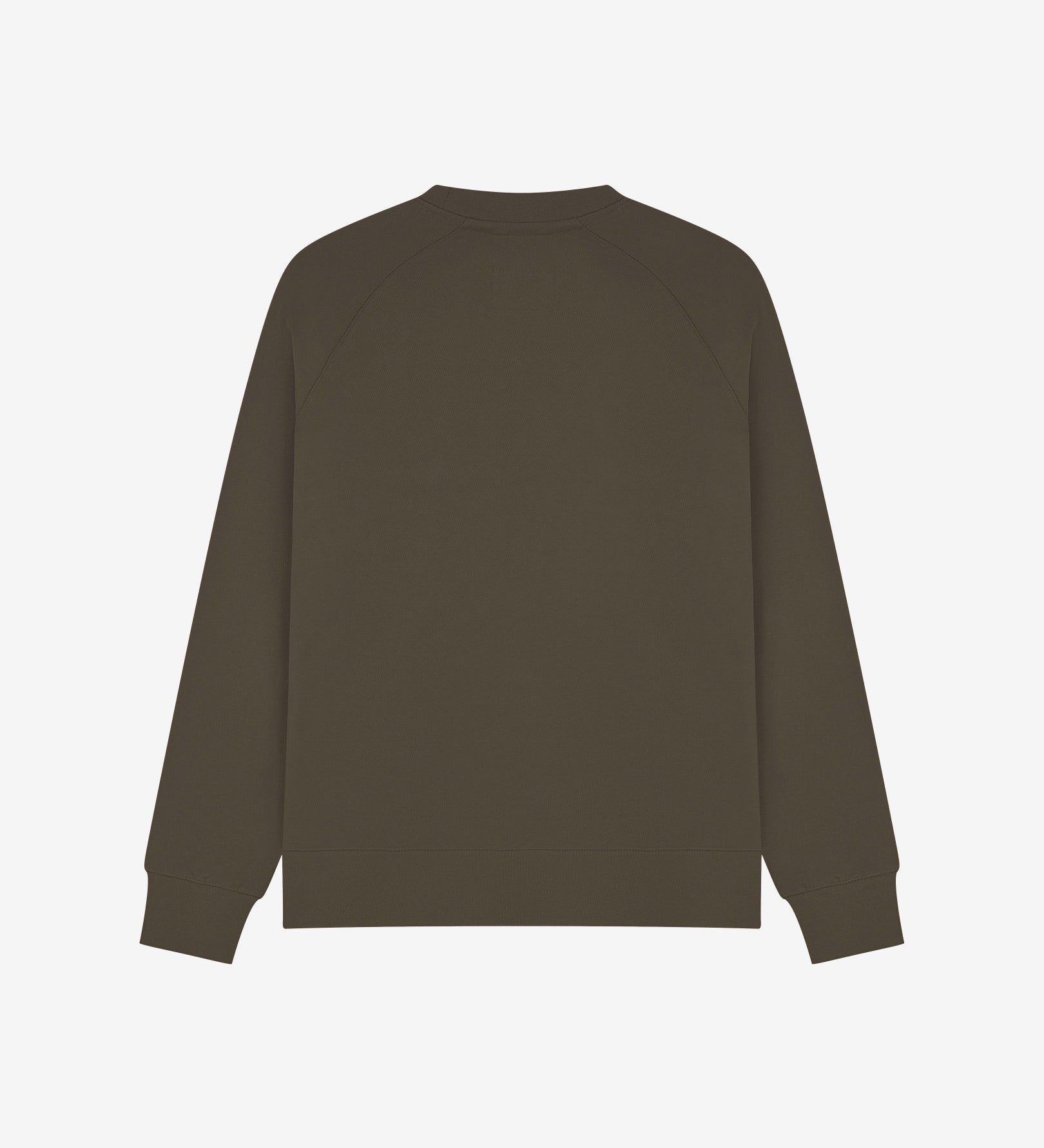 Back view of men's dark taupe organic heavyweight cotton 7005 jersey sweatshirt by Uskees, showing ribbed cuffs and hem.