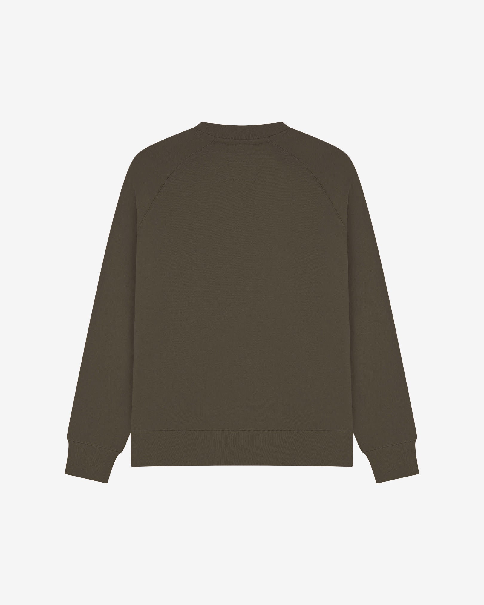 Back view of men's dark taupe organic heavyweight cotton 7005 jersey sweatshirt by Uskees, showing ribbed cuffs and hem.