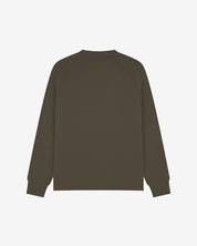 Back view of men's dark taupe organic heavyweight cotton 7005 jersey sweatshirt by Uskees, showing ribbed cuffs and hem.