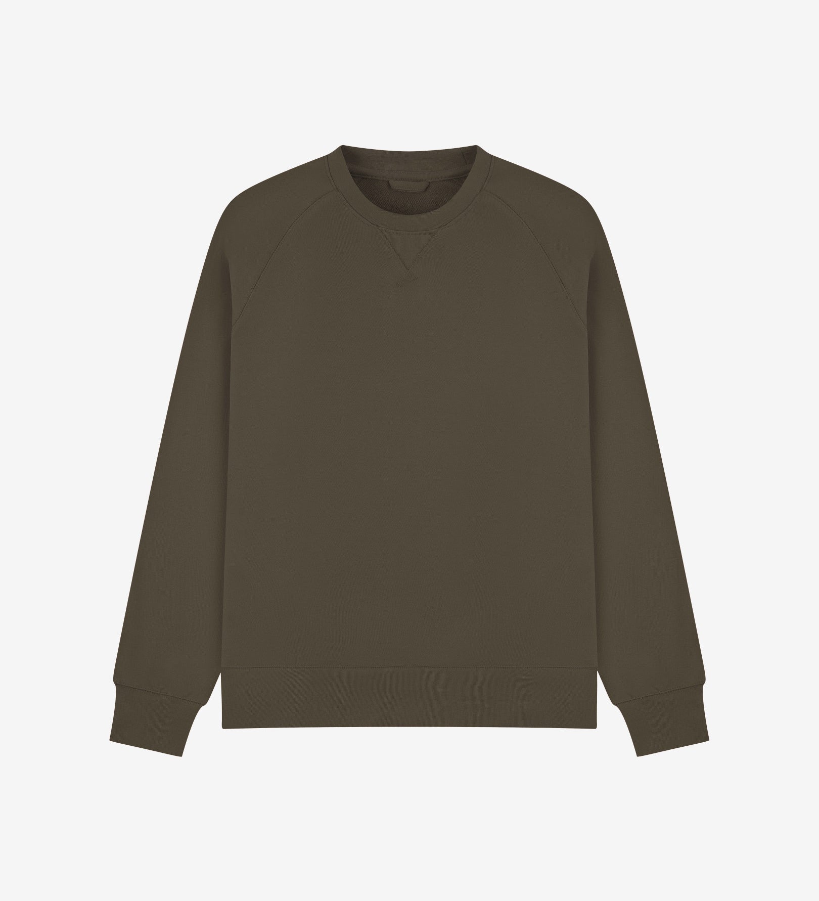 Front view of dark taupe organic heavyweight cotton 7005 sweatshirt by Uskees demonstrating regular, flattering shape.