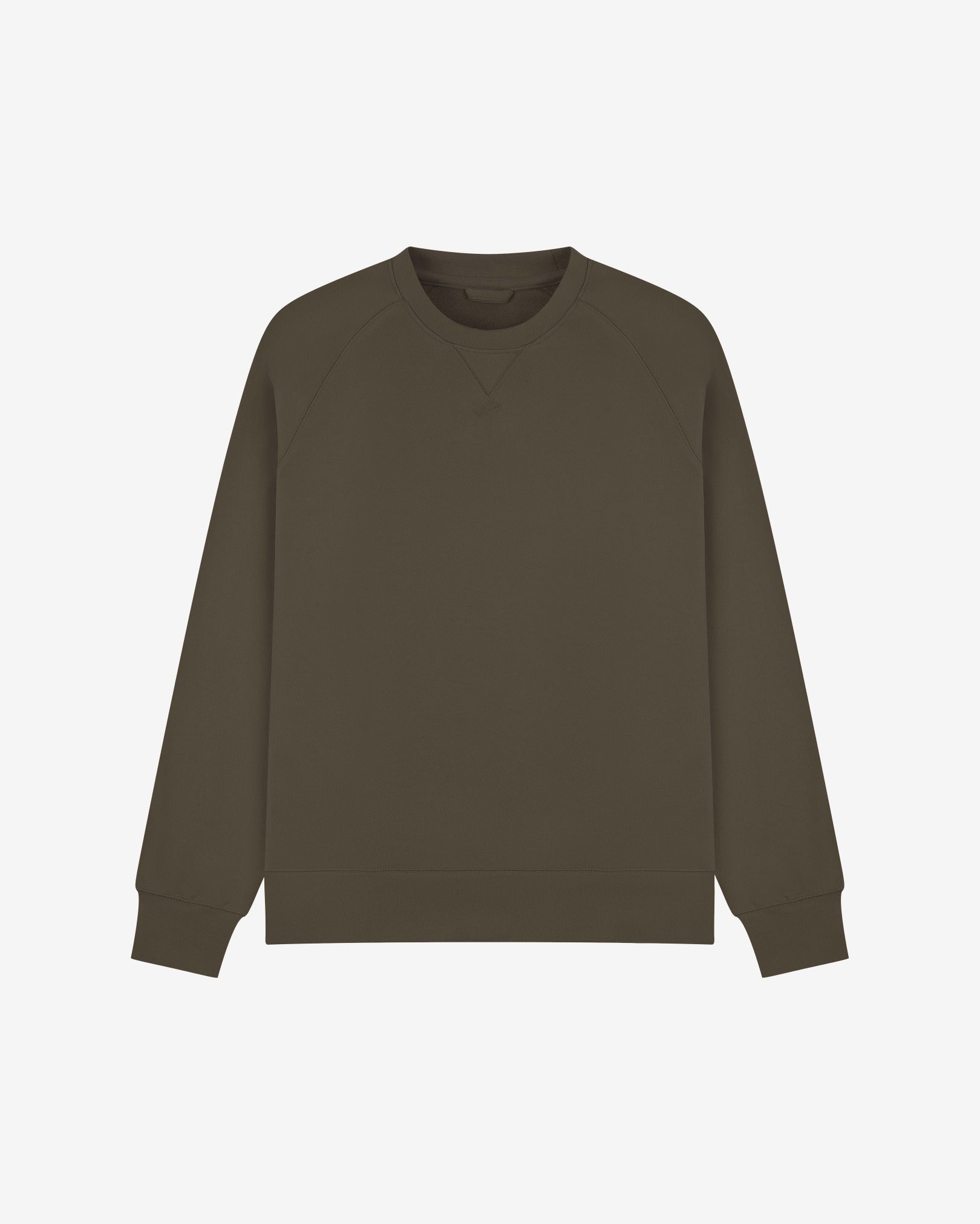 Front view of dark taupe organic heavyweight cotton 7005 sweatshirt by Uskees demonstrating regular, flattering shape.