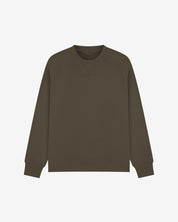 Front view of dark taupe organic heavyweight cotton 7005 sweatshirt by Uskees demonstrating regular, flattering shape.