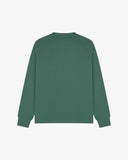Back view of men's green organic heavyweight cotton 7005 jersey sweatshirt by Uskees, showing ribbed cuffs and hem.
