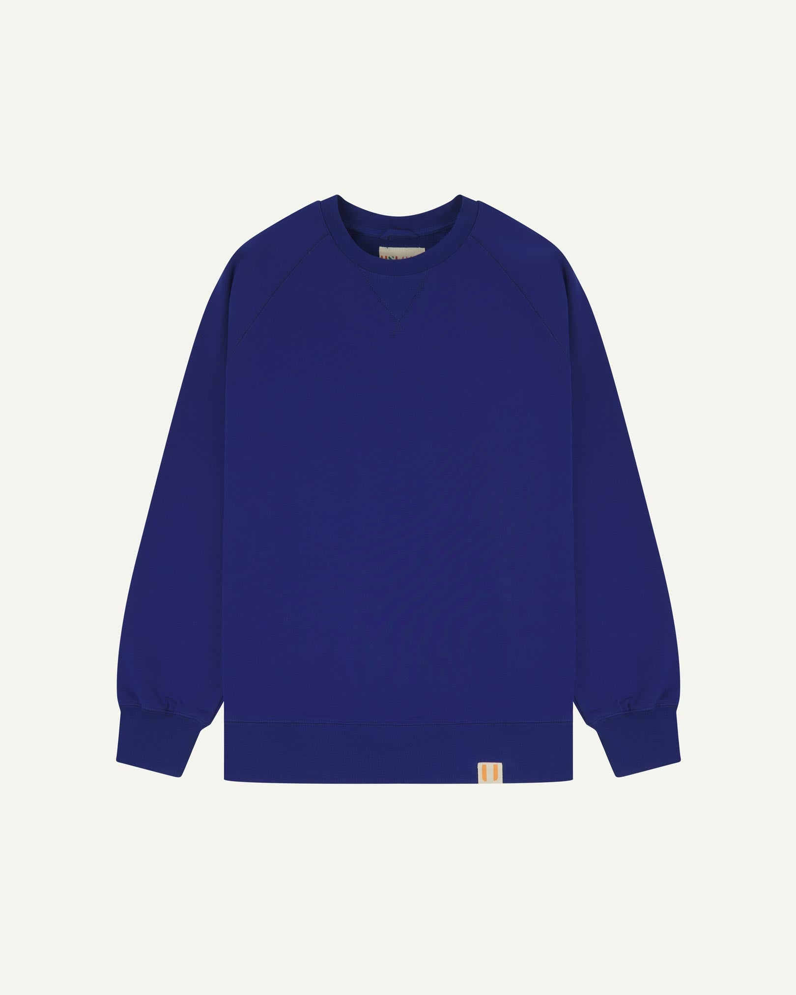 Front view of ultra-blue organic heavyweight cotton 7005 sweatshirt by Uskees demonstrating regular, flattering shape.