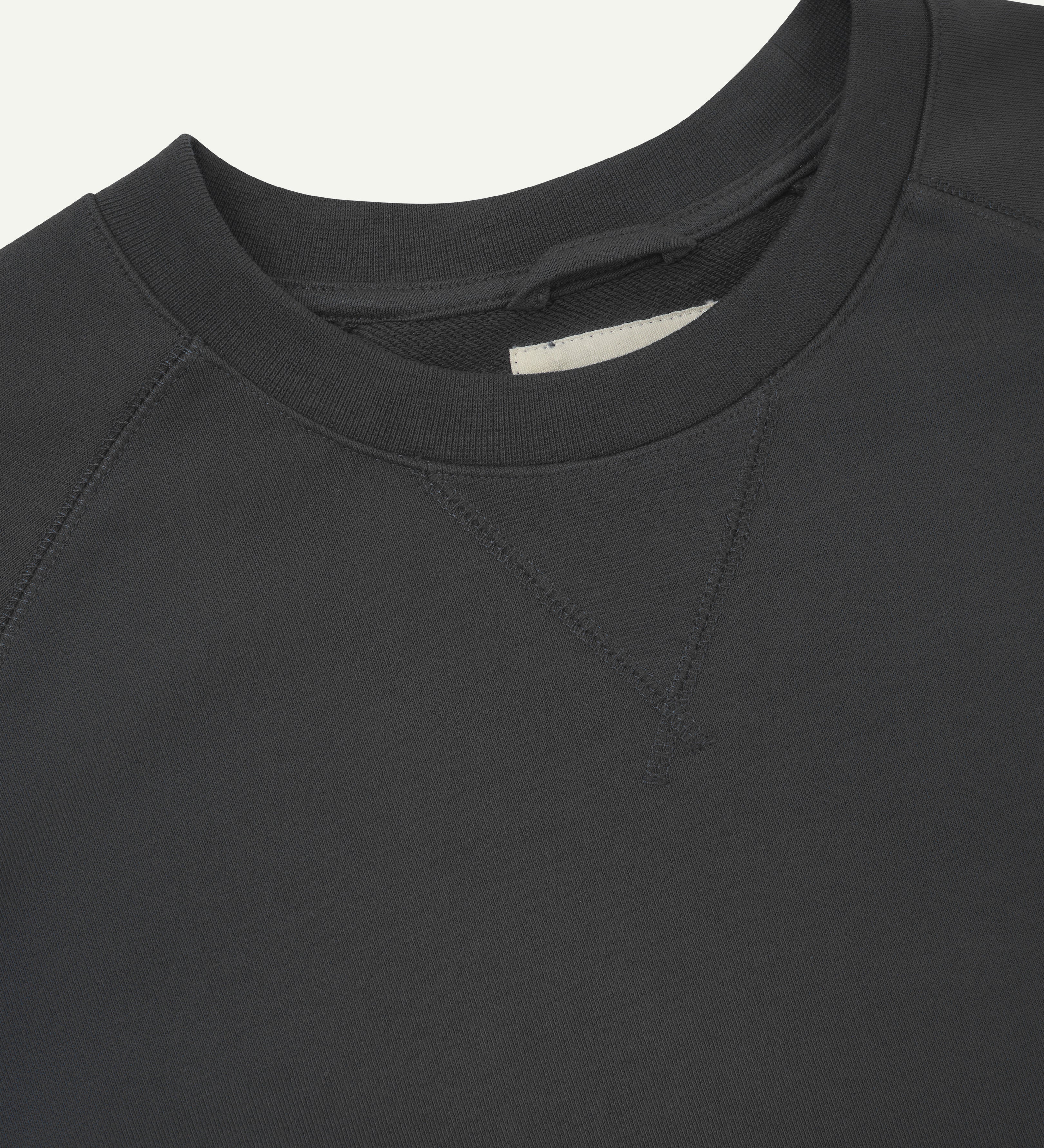 Close-up view of collar - dark grey organic heavyweight cotton #7005 jersey sweatshirt by Uskees