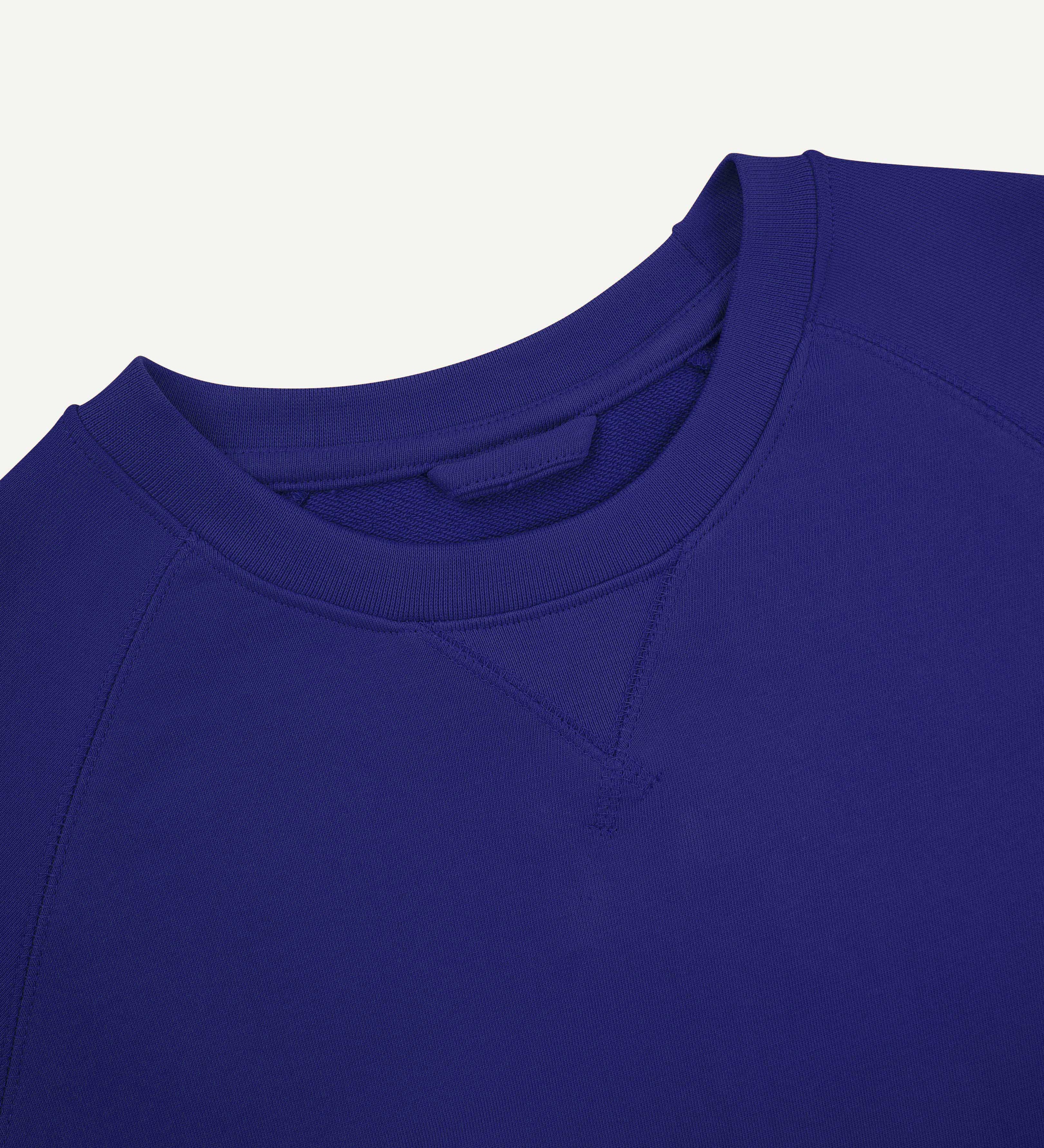 Close up neckline view of ultra-blue organic heavyweight cotton 7005 sweatshirt by Uskees showing crew neck and decorative v-insert