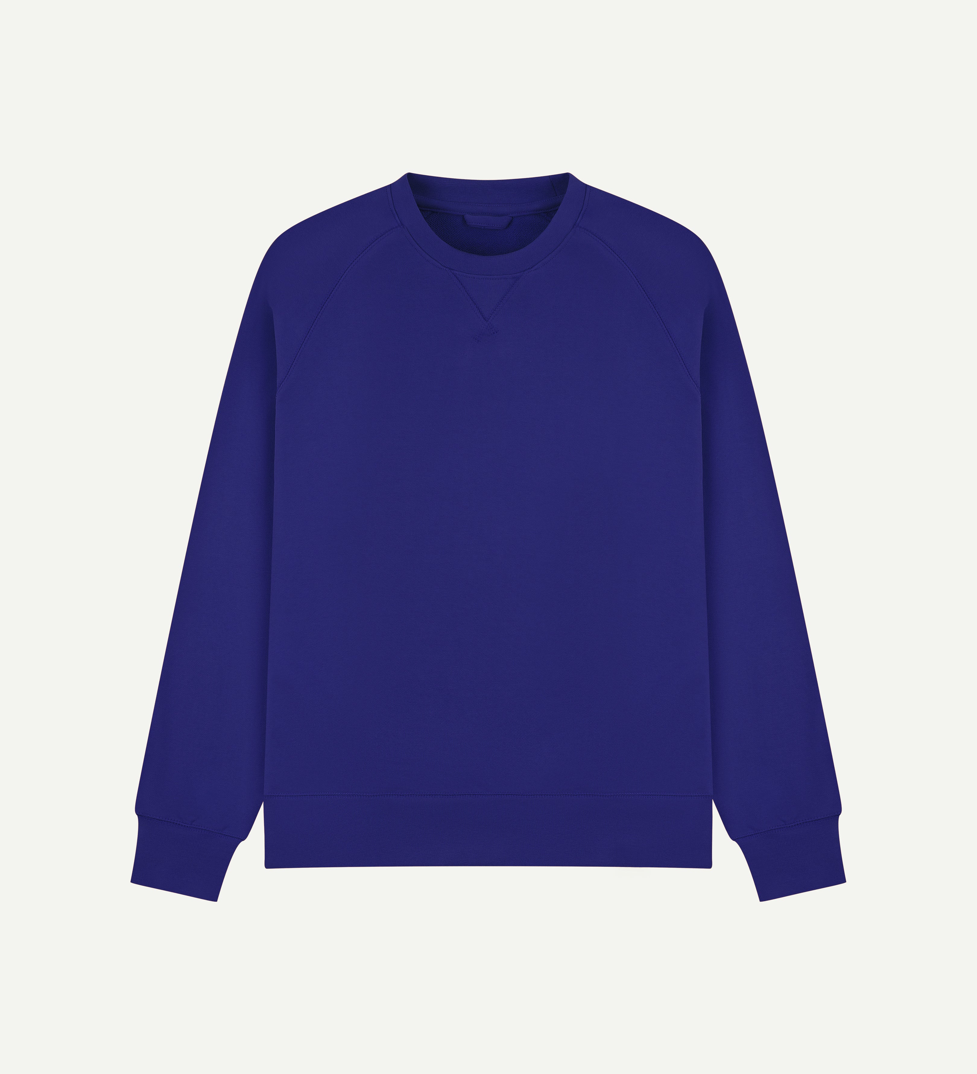Front view of ultra-blue organic heavyweight cotton 7005 sweatshirt by Uskees demonstrating regular, flattering shape.