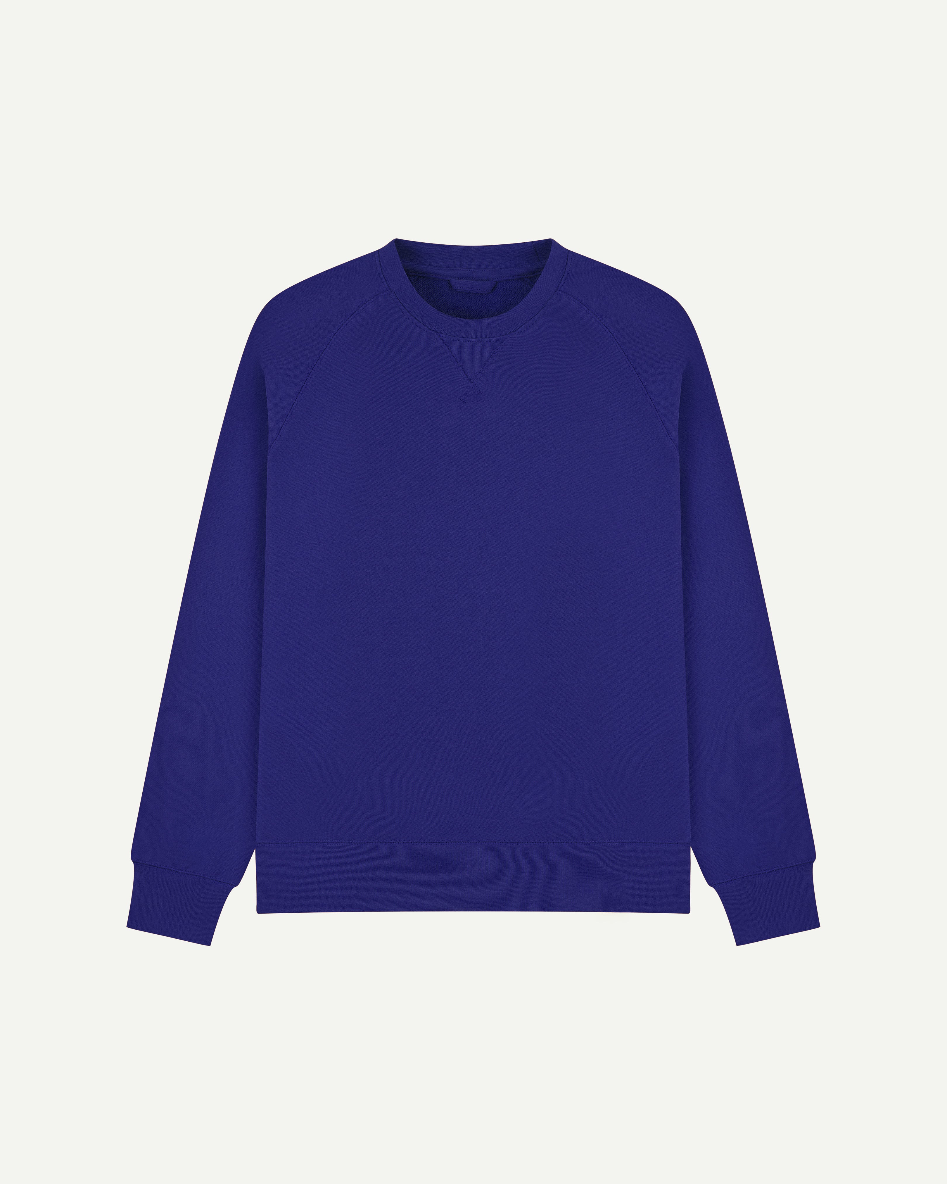 Front view of ultra-blue organic heavyweight cotton 7005 sweatshirt by Uskees demonstrating regular, flattering shape.