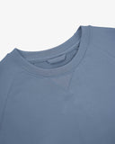 Close up shot of pale blue Uskees sweatshirt for men showing the neck detail.