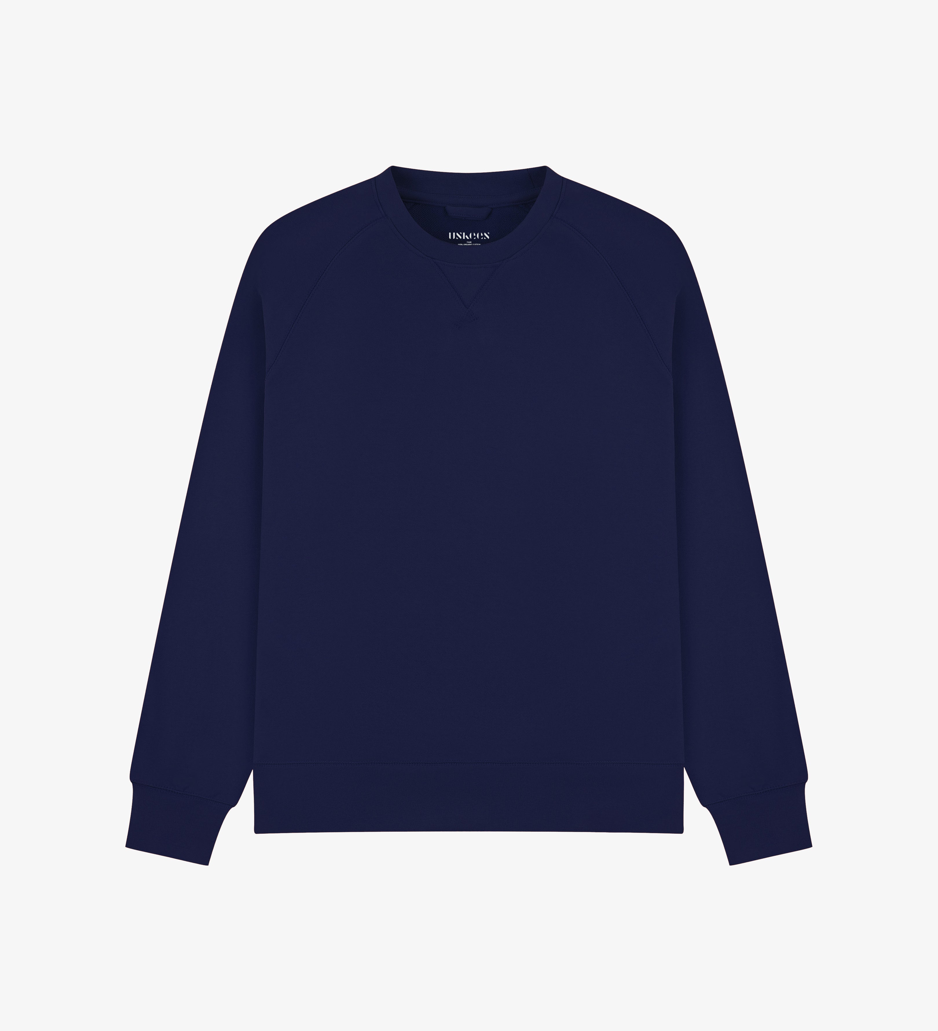 Dark blue Uskees sweatshirt for men on a light gray background
