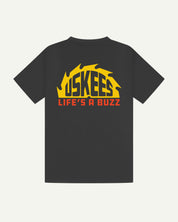 Flat shot of the back of uskees graphic 'life's a buzz' short sleeve Tee for men showing the large graphic logo in yellow and orange.