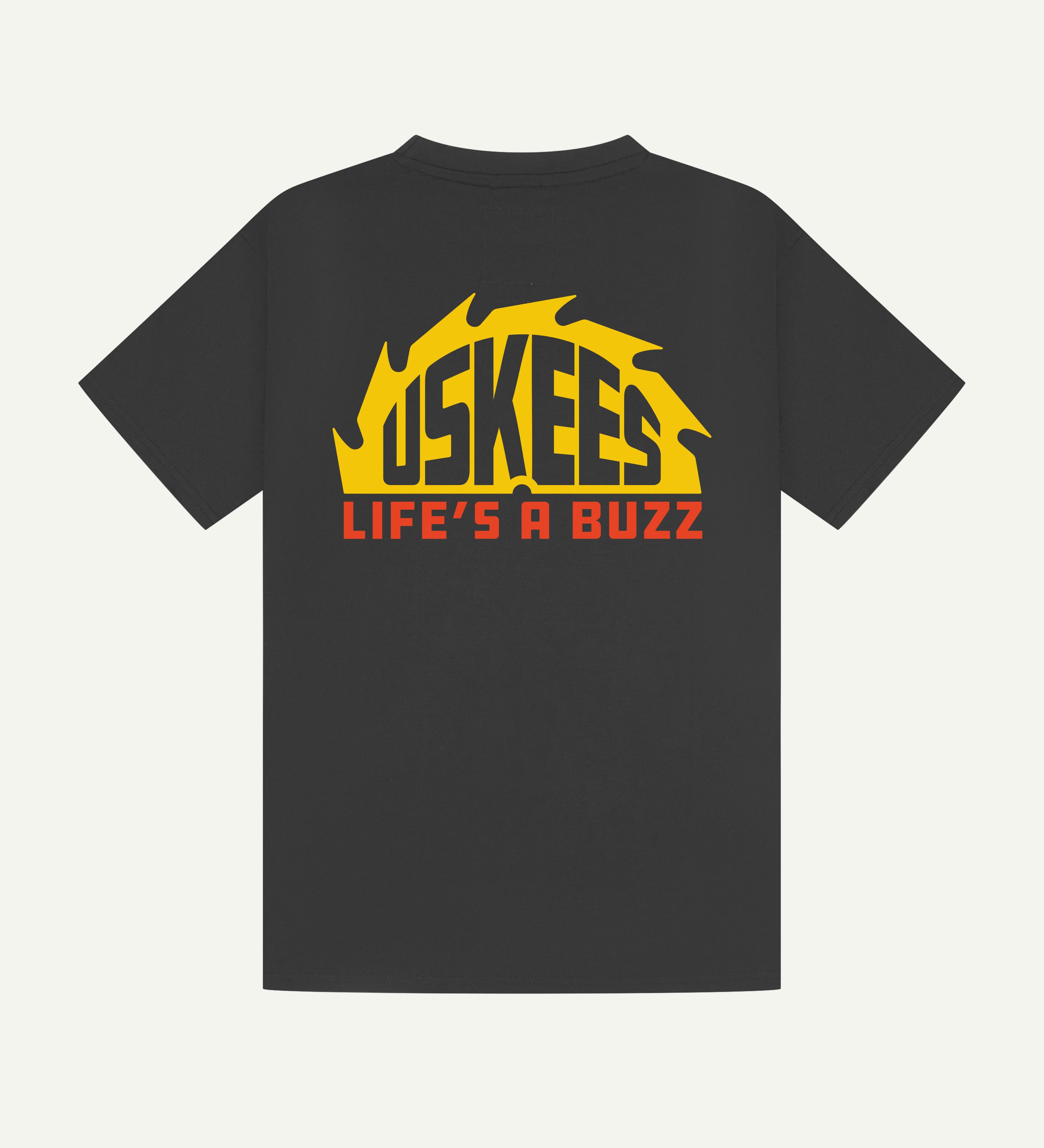 Flat shot of the back of uskees graphic 'life's a buzz' short sleeve Tee for men showing the large graphic logo in yellow and orange.