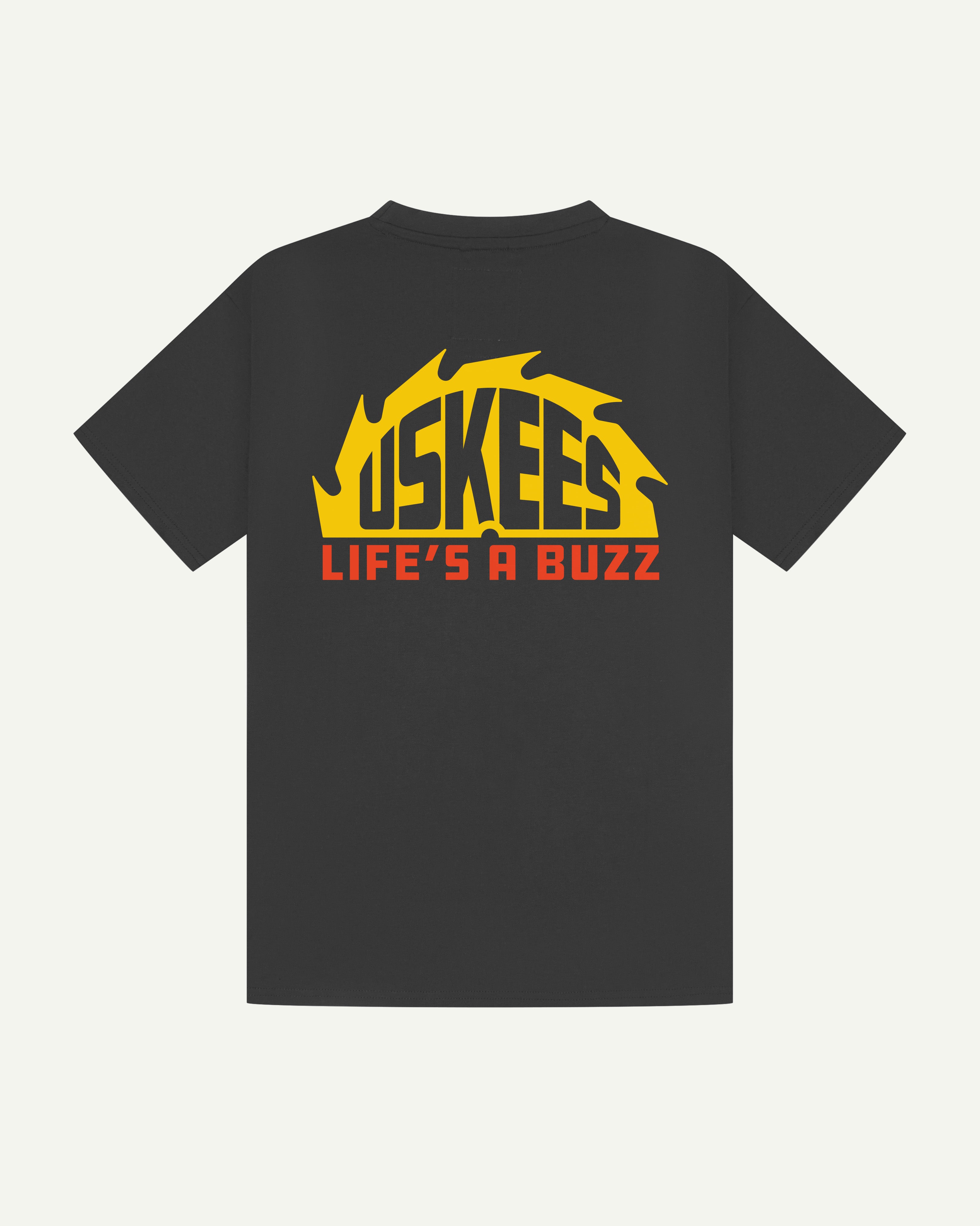 Flat shot of the back of uskees graphic 'life's a buzz' short sleeve Tee for men showing the large graphic logo in yellow and orange.