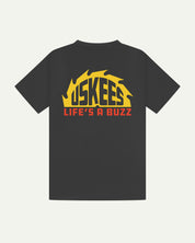 Reverse view of Uskees men's graphic 'life's a buzz' short sleeve Tee for men showing the large graphic buzz saw logo in yellow and orange across the back.