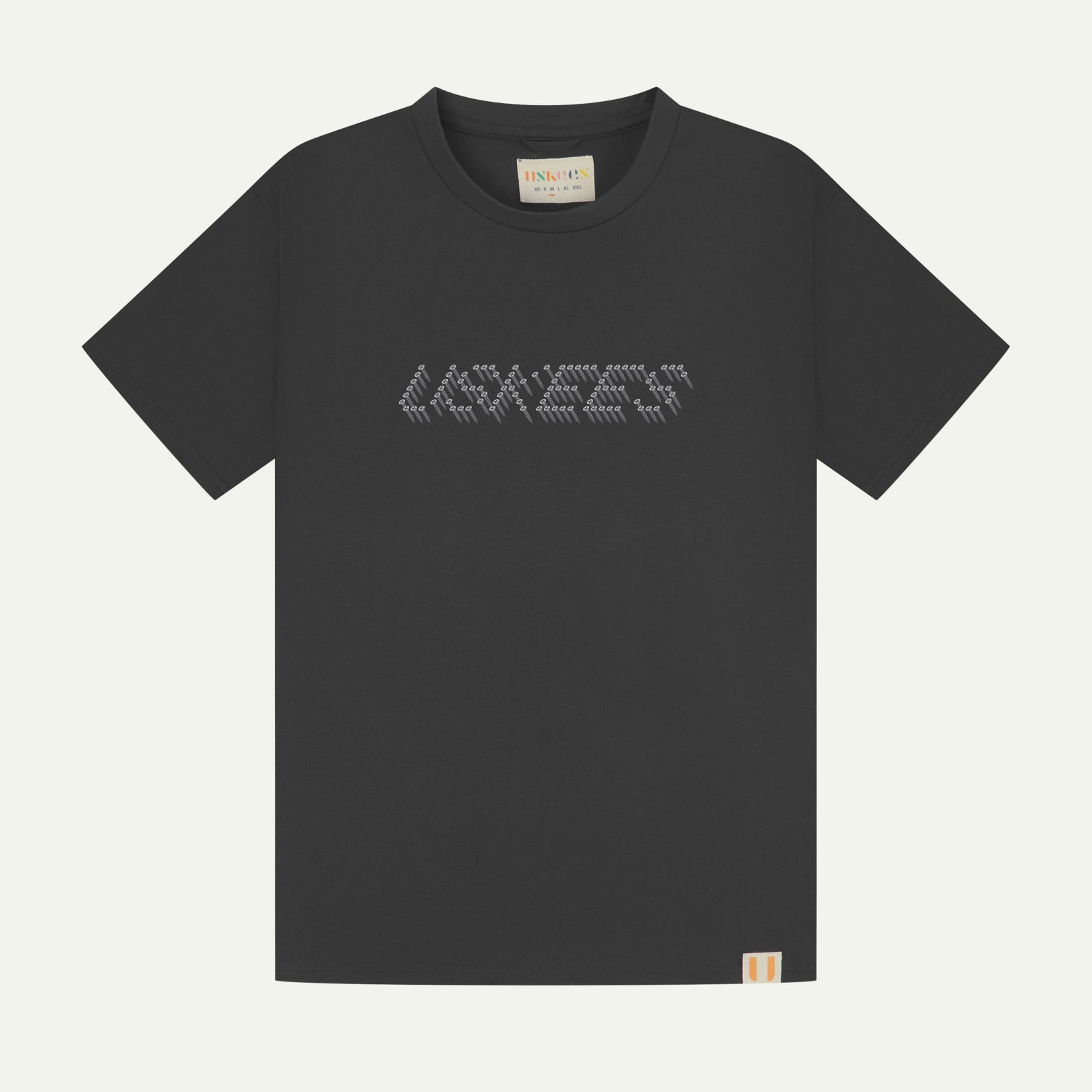 Front flat view of Uskees men's graphic t-shirt in black showing the philips head screw graphic on the chest and the branding labels on the neck and hem.