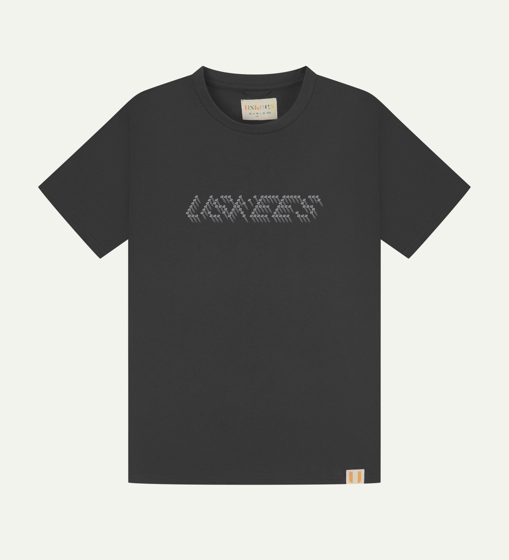 Front flat view of Uskees men's graphic t-shirt in black showing the philips head screw graphic on the chest and the branding labels on the neck and hem.