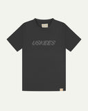 Front flat view of Uskees men's graphic t-shirt in black showing the philips head screw graphic on the chest and the branding labels on the neck and hem.