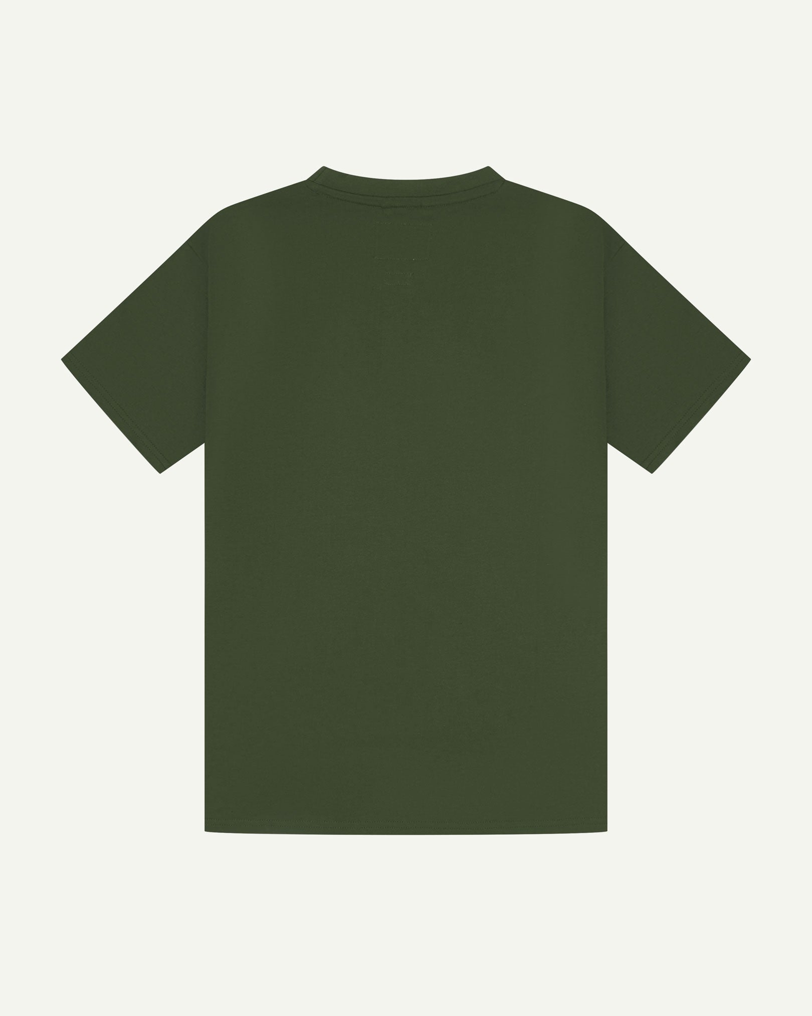 Back view of coriander green organic cotton Uskees short-sleeved T-shirt.