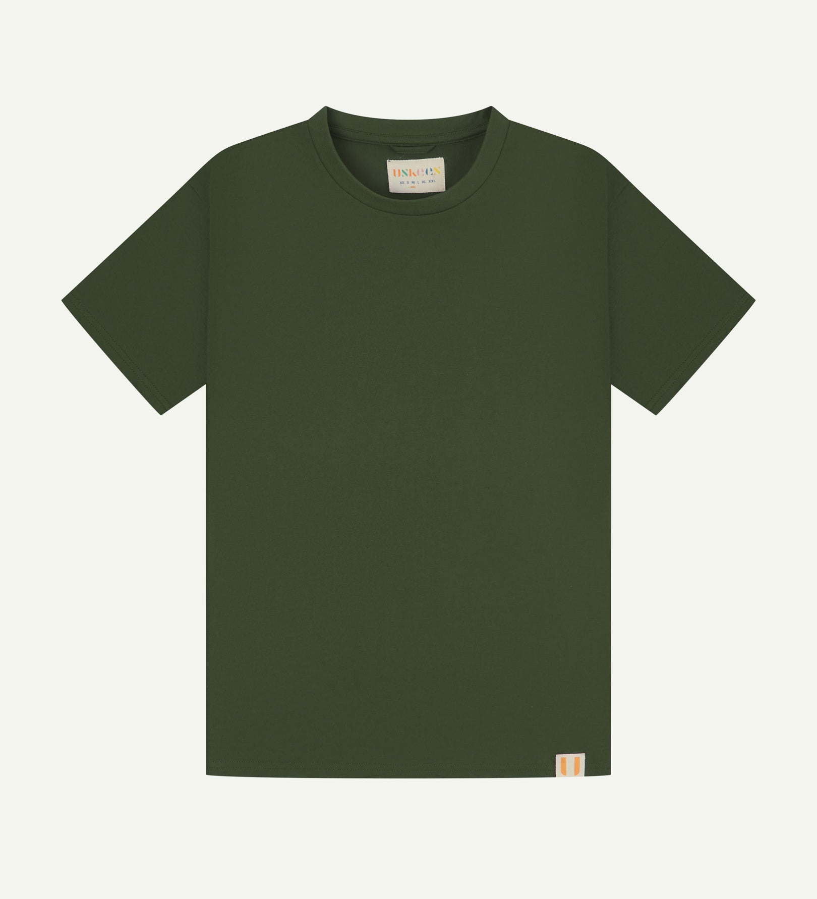 Full flat view of coriander green organic cotton Uskees T-shirt for men.