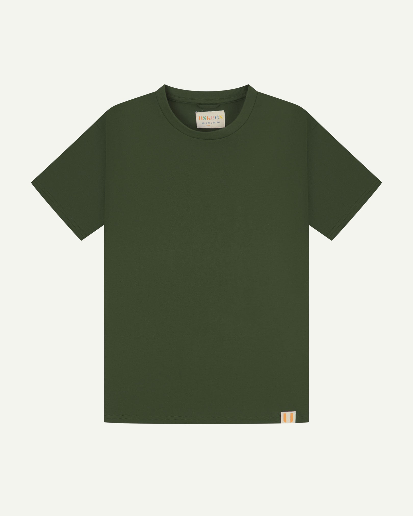 Full flat view of coriander green organic cotton Uskees T-shirt for men.