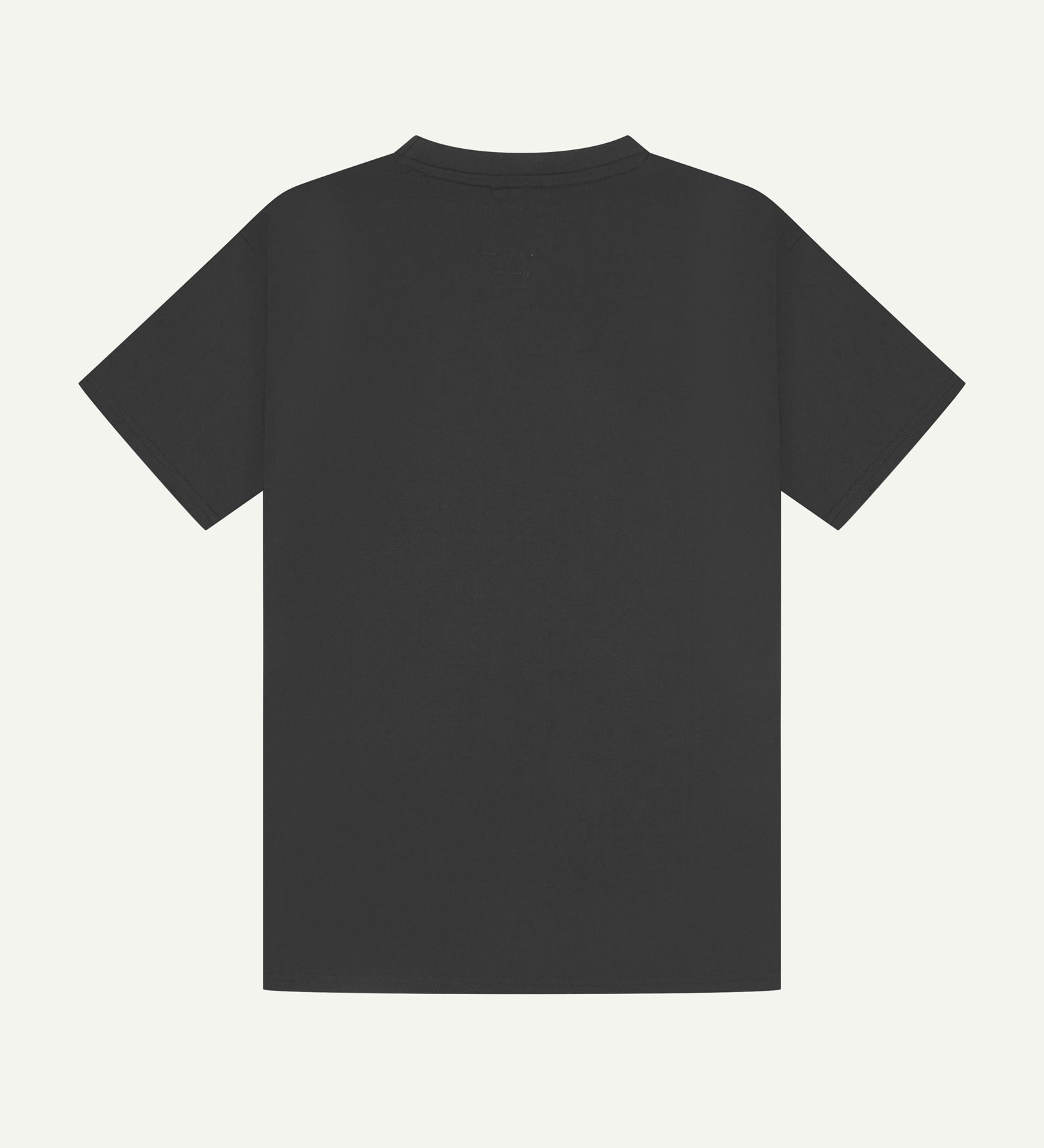 Back view of faded black organic cotton Uskees short-sleeved T-shirt.