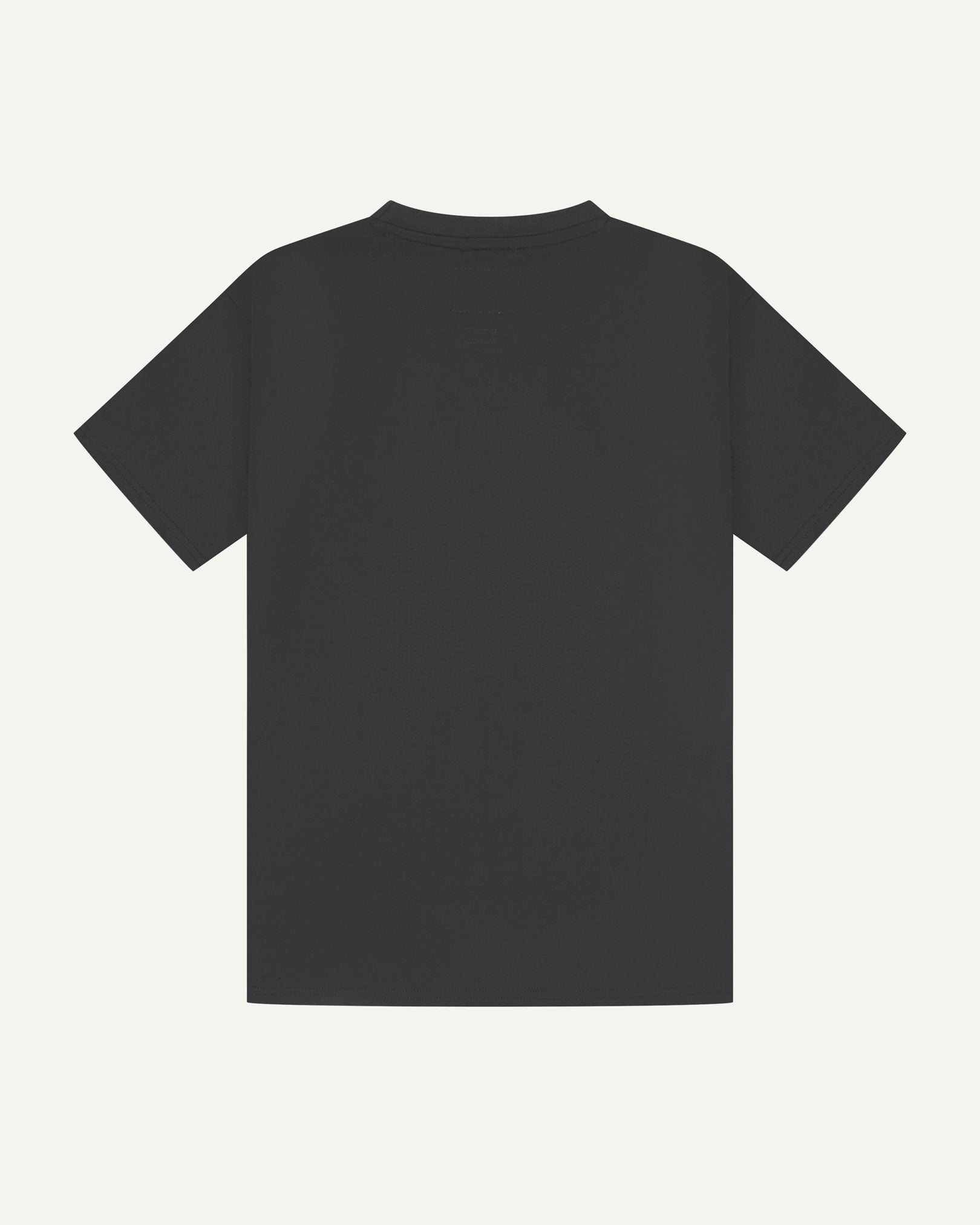 Back view of faded black organic cotton Uskees short-sleeved T-shirt.