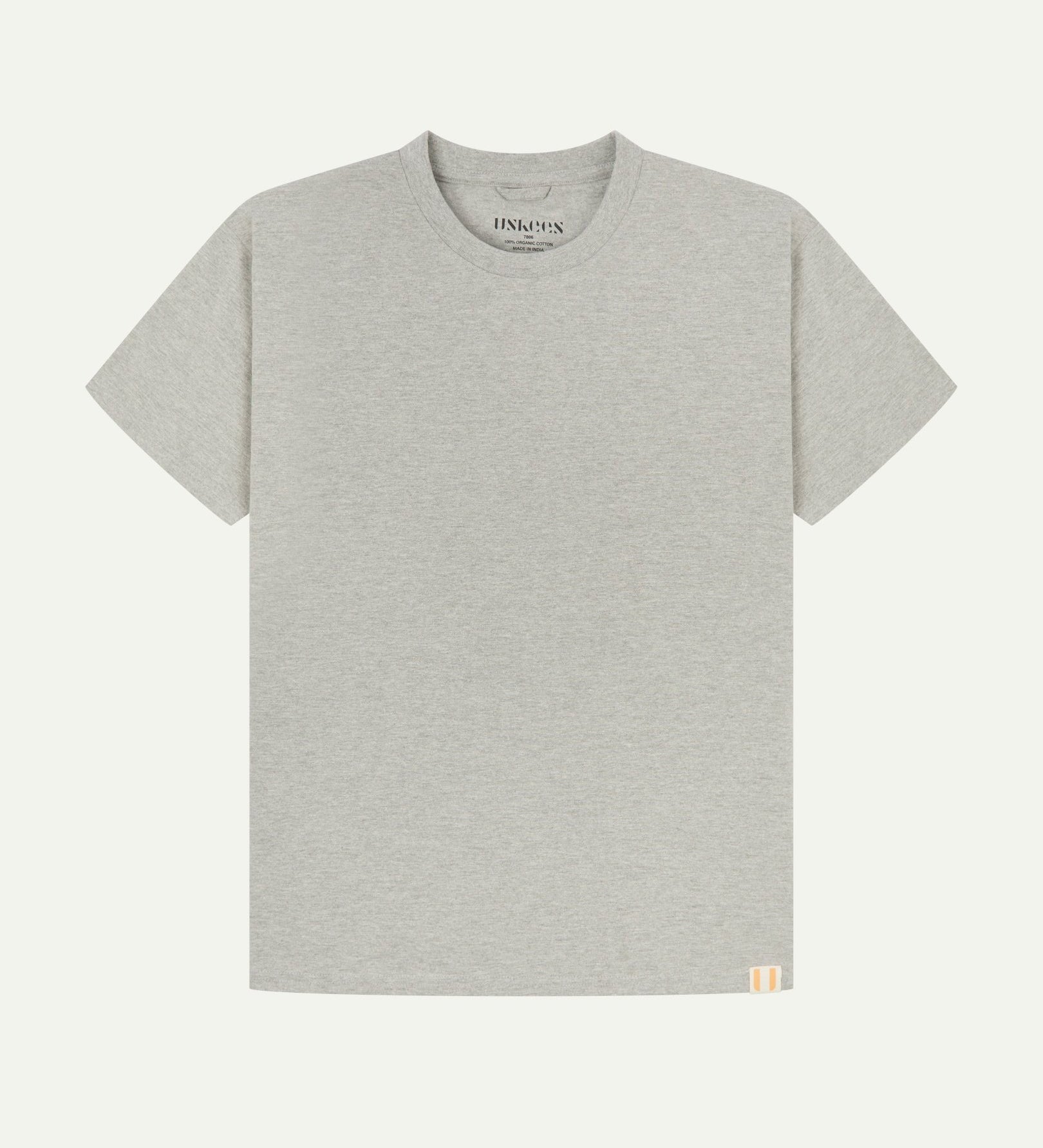 Full flat view of grey marl organic cotton Uskees T-shirt for men, showing the loose silhouette.