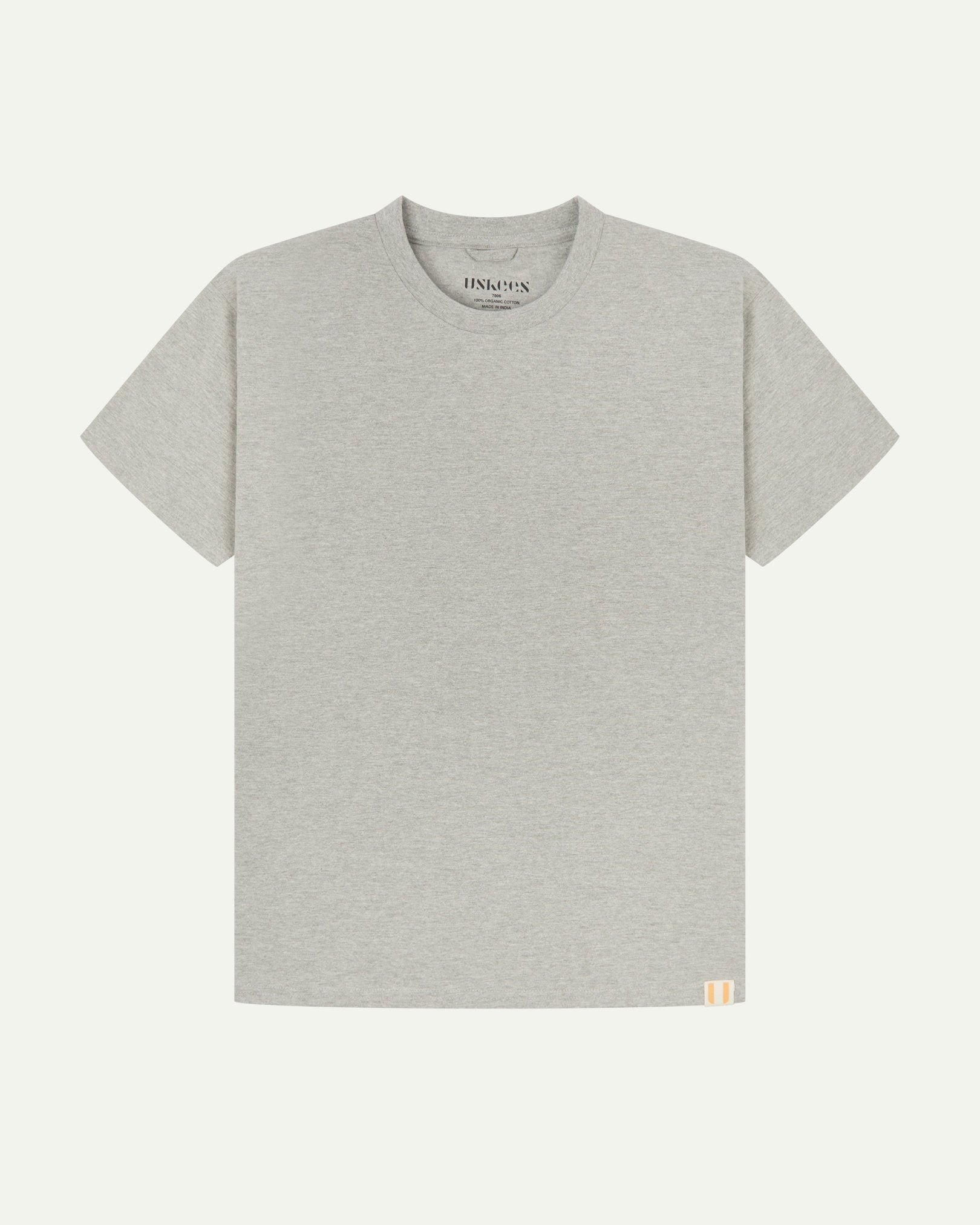 Full flat view of grey marl organic cotton Uskees T-shirt for men, showing the loose silhouette.