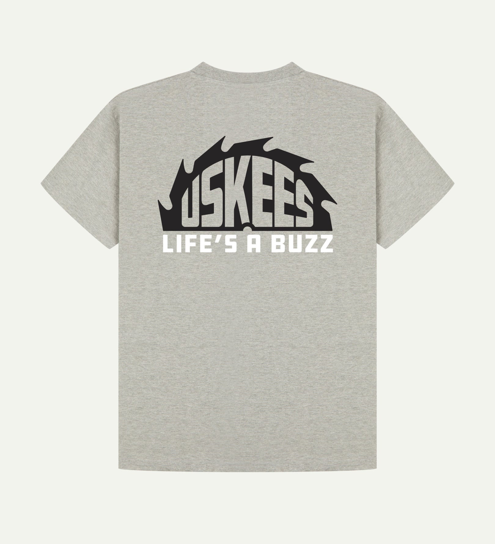 Reverse view of Uskees men's graphic 'life's a buzz' short sleeve Tee for men showing the large graphic buzz saw logo in black and white across the back.